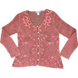MODERN SOUL Cardigan Women's S Coral Orange Open Knit Crochet Ribbon Cottagecore